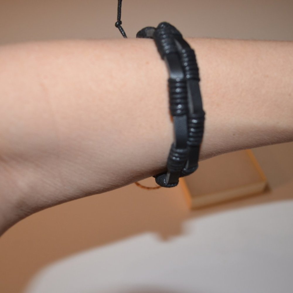 HANPABUM Men's Bracelet Black Braided Leather Cuff Wrap